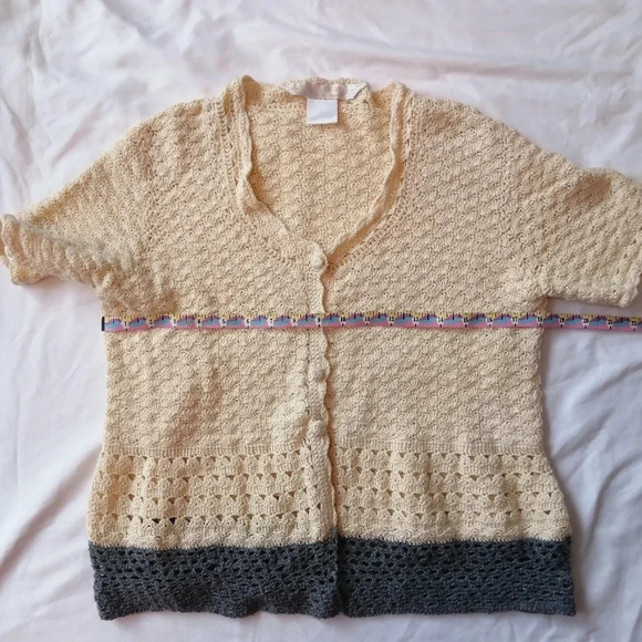 Vintage Scalloped Knit Short Sleeve Button Cardigan Cottage Grandma Small - Picture 15 of 16